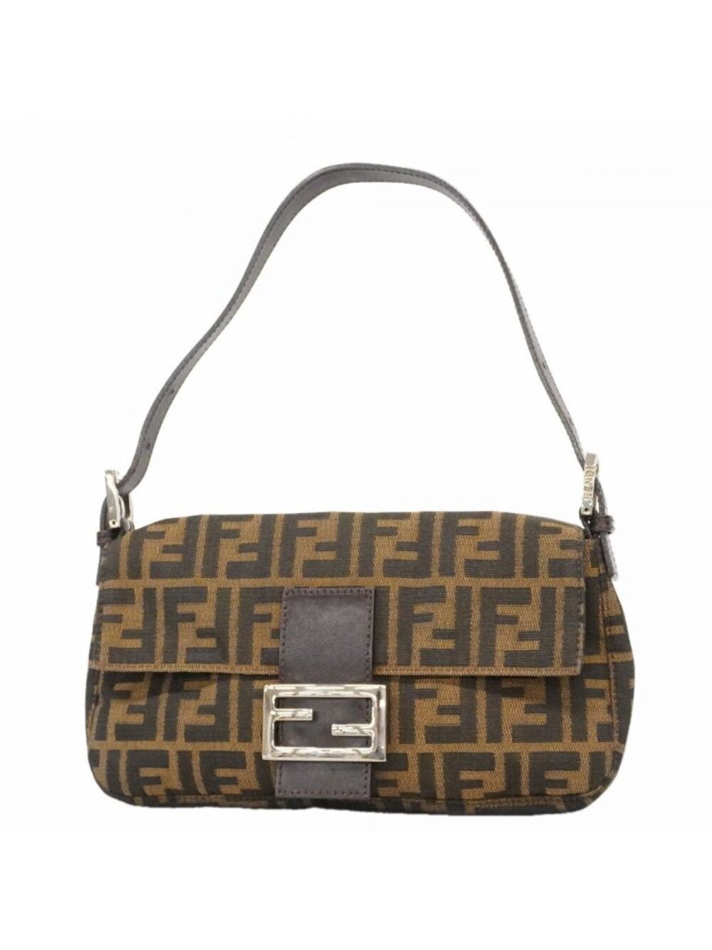 Fendi Handbag Zucca Nylon Canvas Brown Silver